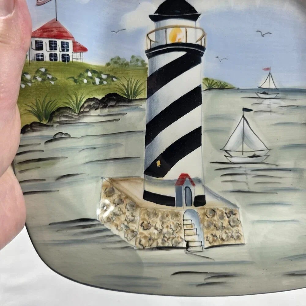 TWO Sakura Nantucket Shoreline Square Salad Plates Lighthouses, Birds Grass